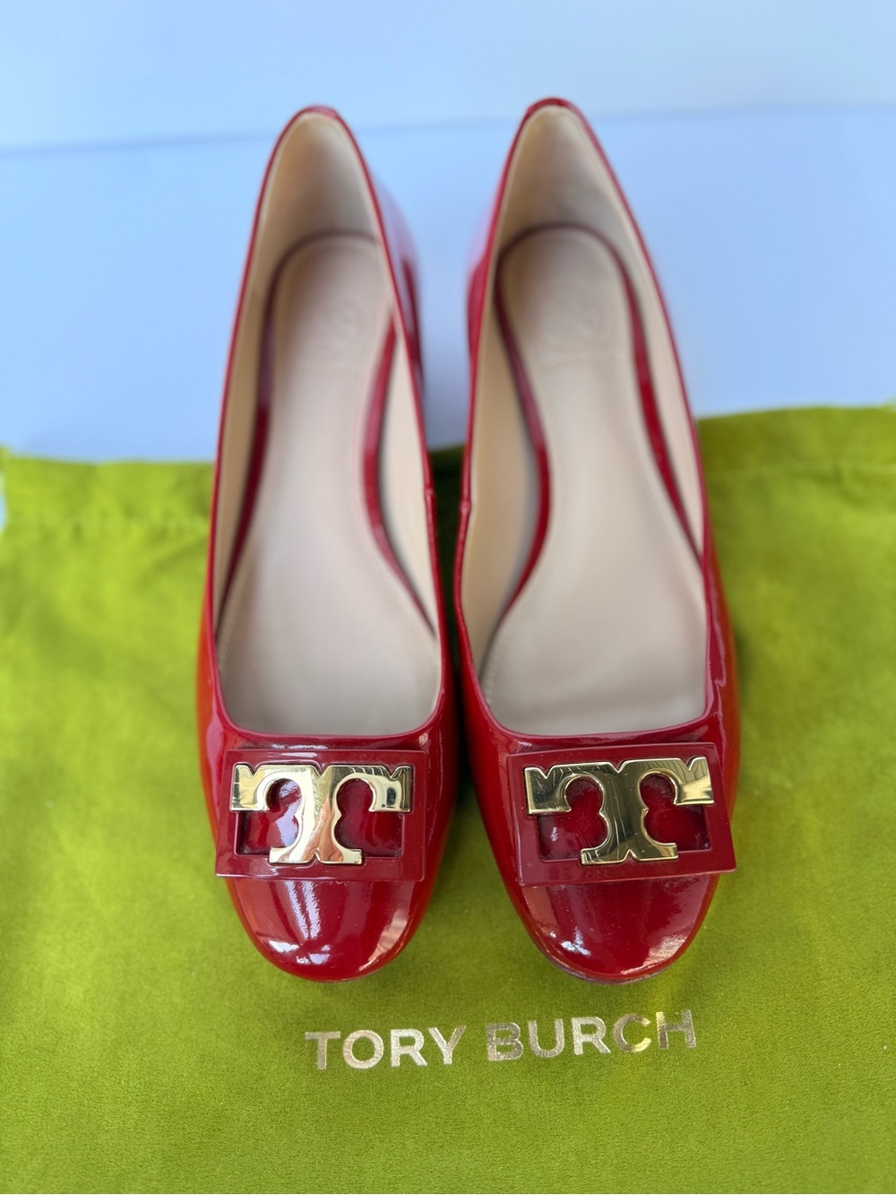 Tory Burch Gigi Soft Patent Leather Low Block Heel Pumps Red Sz 6
